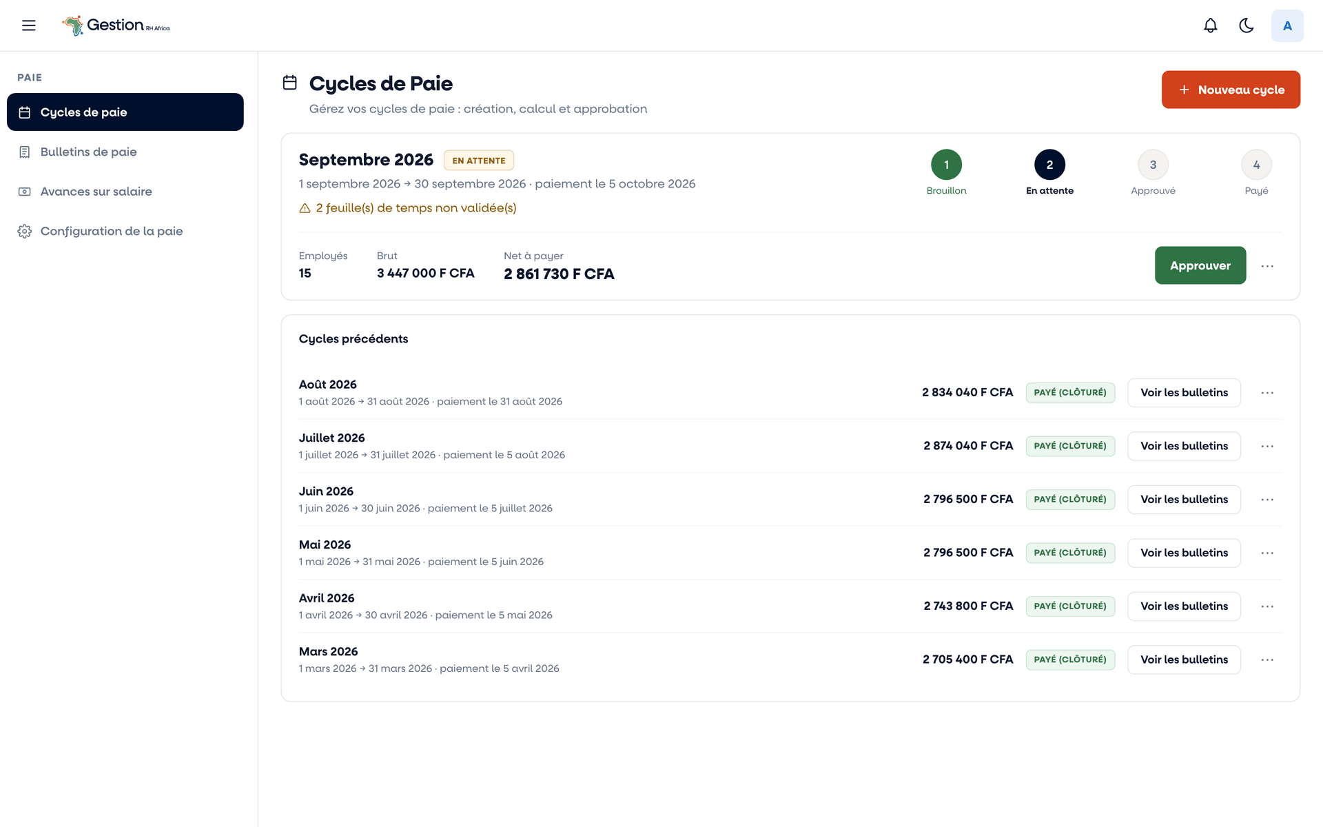 Écran des cycles de paie de Gestion RH Africa : le cycle de septembre 2026 en attente d'approbation avec son parcours en quatre étapes, ses feuilles de temps non validées signalées, son effectif, son brut et son net à payer, puis la liste des cycles précédents clôturés.