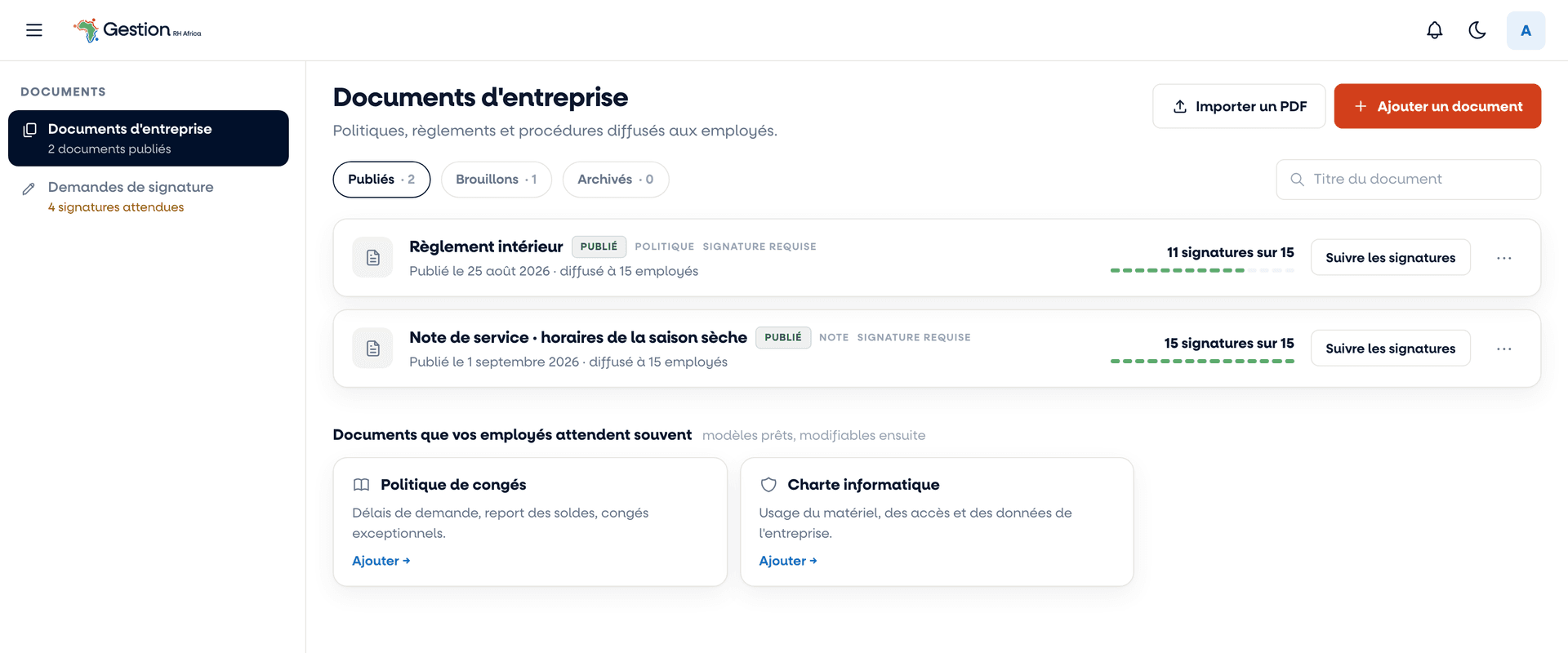 Bibliothèque de documents d'entreprise de Gestion RH Africa : le règlement intérieur publié, diffusé à quinze employés, avec onze signatures recueillies sur quinze et le bouton de suivi des signatures, puis des modèles de politique de congés et de charte informatique prêts à publier.
