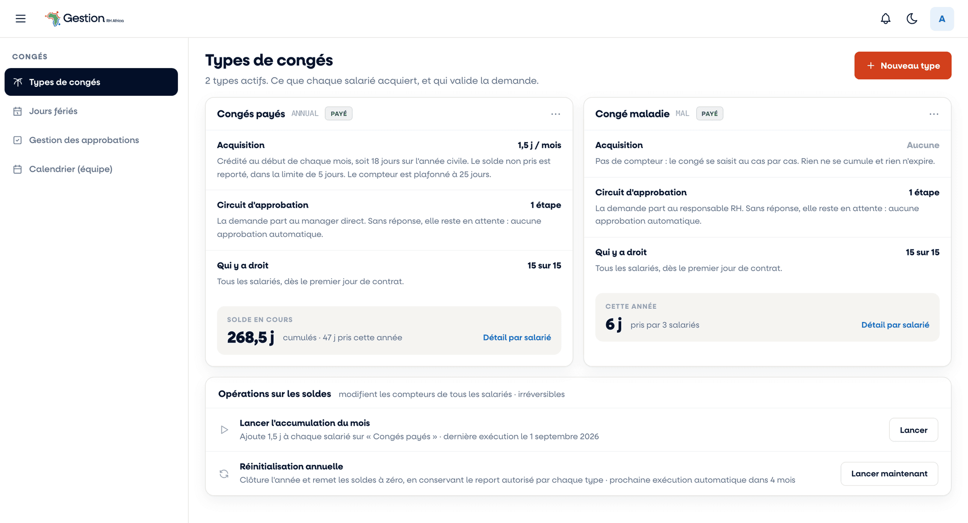 Écran des types de congés de Gestion RH Africa : pour chaque type, le rythme d'acquisition et ce qu'il donne sur l'année, le circuit d'approbation, qui y a droit, et le solde cumulé de l'entreprise ; en dessous, les opérations d'accumulation mensuelle et de réinitialisation annuelle.